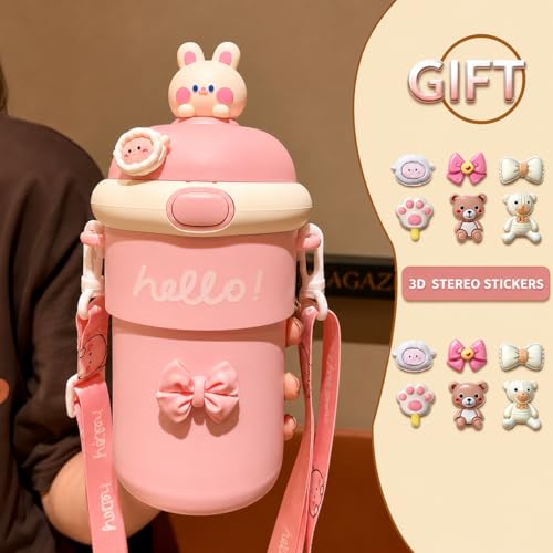Kids Water Bottle with Straw 500ml - side view showing straw lid